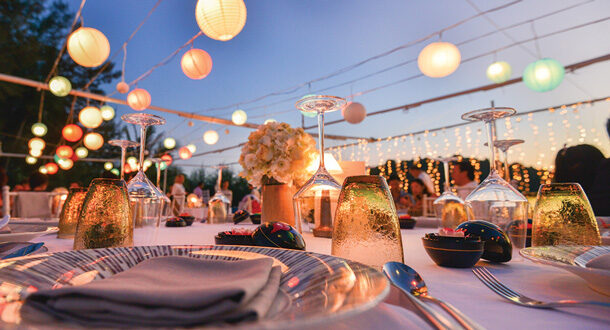 Decorated table for outdoor event.
