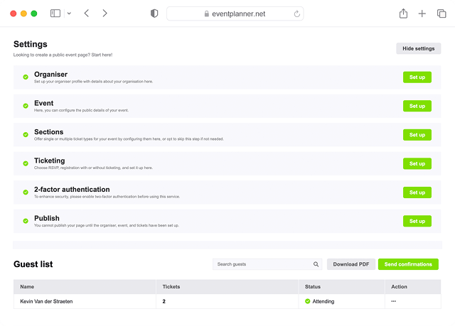 Tickets interface showing event ticketing features